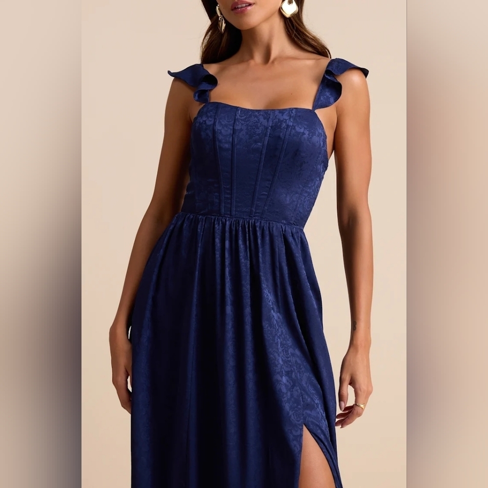 Lulus Arlaith Navy Jacquard Lace-Up Corset Maxi Dress M Wedding Party Prom - Picture 4 of 10